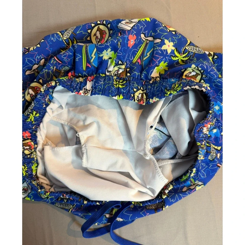 Buc-ee's Mens Swim Trunks Blue Tropical Beaver Print Mesh Lined Shorts Small